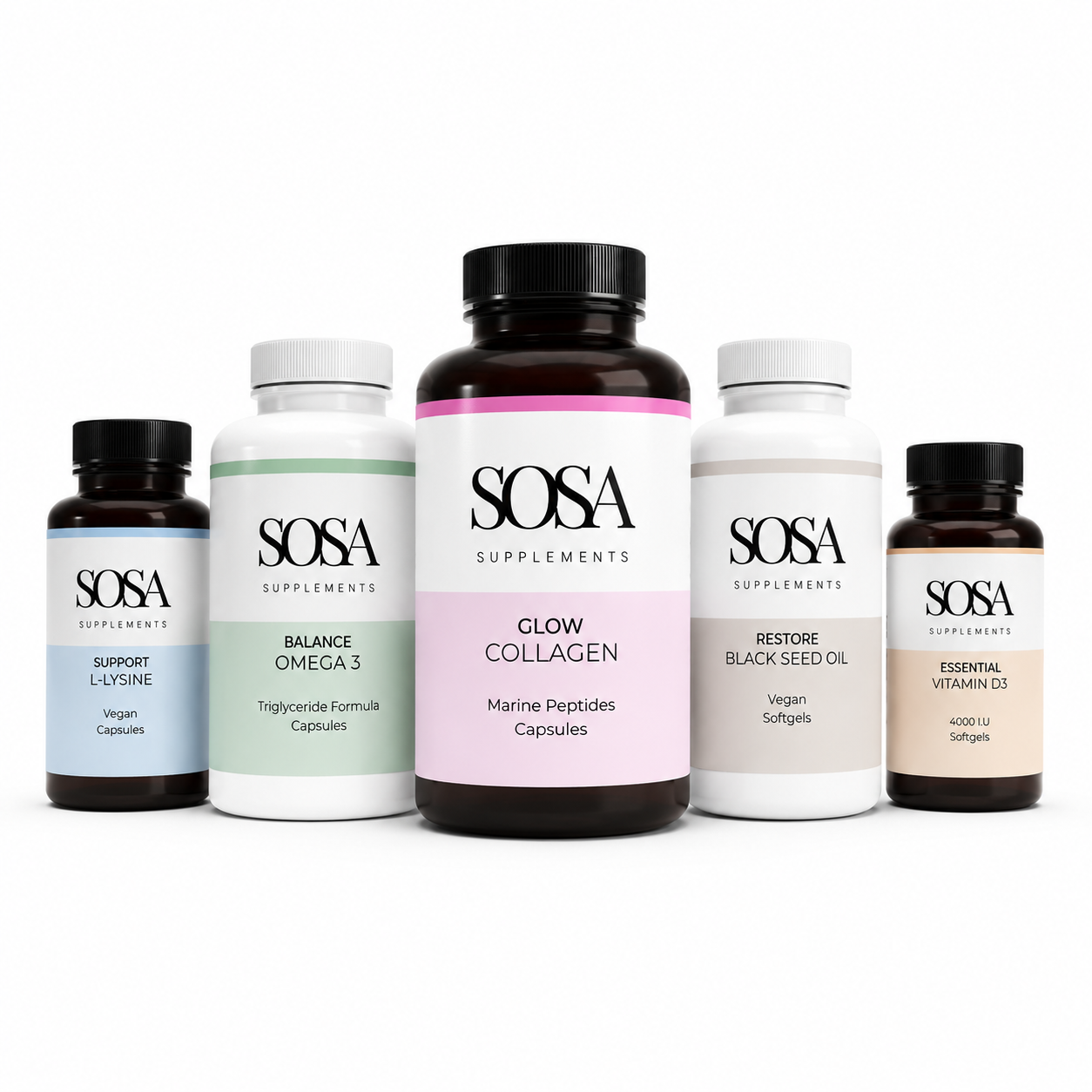 Glow Ritual supplement bundle featuring Marine Collagen, Omega 3, L-Lysine, Black Seed Oil and Vitamin D3