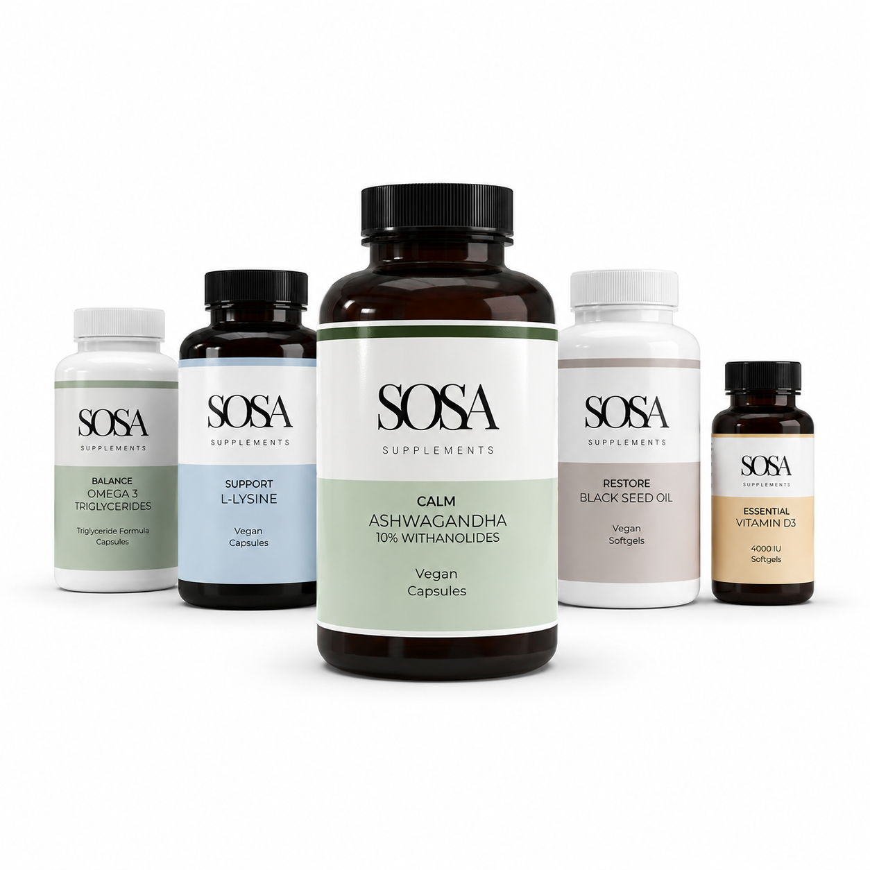 Calm Ritual supplement bundle featuring Ashwagandha, Omega 3, L-Lysine, Black Seed Oil and Vitamin D3