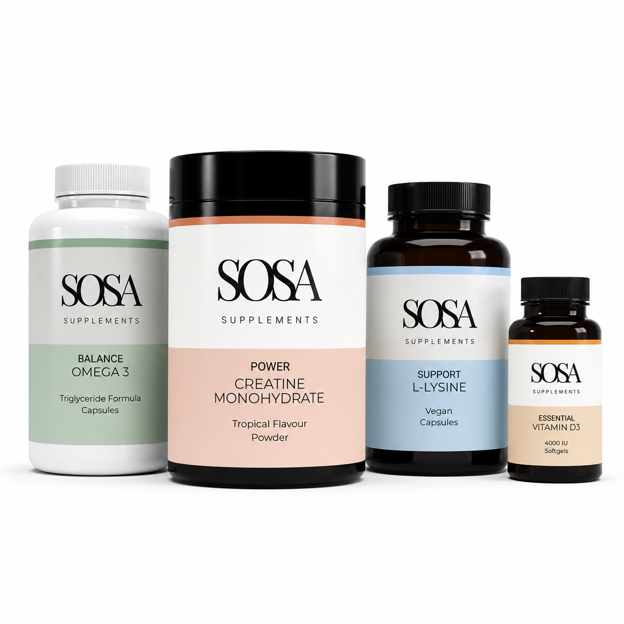Power Ritual supplement bundle featuring Creatine Monohydrate, Omega 3, L-Lysine and Vitamin D3
